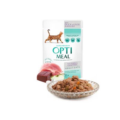 Opti meal Влажный корм для кошек для борьбы с комками шерсти, с уткой и печенью в яблочном желе Пауч 85 гр