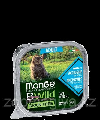 Monge Cat BWild Grain Free Влажный корм для кошек анчоусы с овощами, паштет Упаковка 100 гр