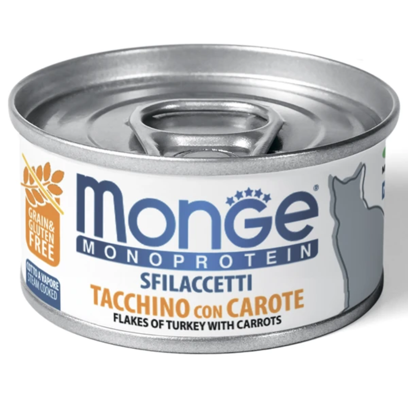 Monge Cat Monoprotein Tacchio con Carote Влажный корм для кошек, мясные хлопья из индейки с морковью, Консерва 80 г