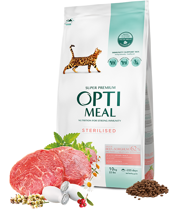 Opti Meal Sterilised Сухой корм для стерилизованных кошек и кастрированных котов с высоким содержанием говядины и сорго Развес 1 кг