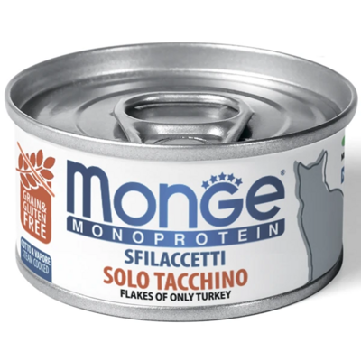 Monge Cat Monoprotein Solo Tacchino Влажный корм для кошек, мясные хлопья из индейки, Консерва 80 г