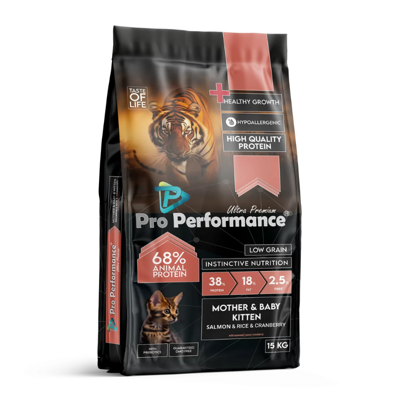 Pro Performance Ultra Premium Mother and Baby Kitten Salmon Rice сухой корм для котят, и кормящих кошек со вкусом лосося с рисом 68% животного белка. Развес 1 кг