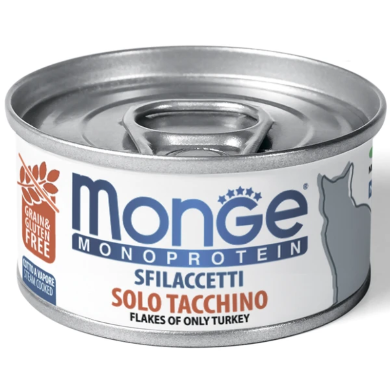 Monge Cat Monoprotein Solo Tacchino Влажный корм для кошек, мясные хлопья из индейки, Консерва 80 г