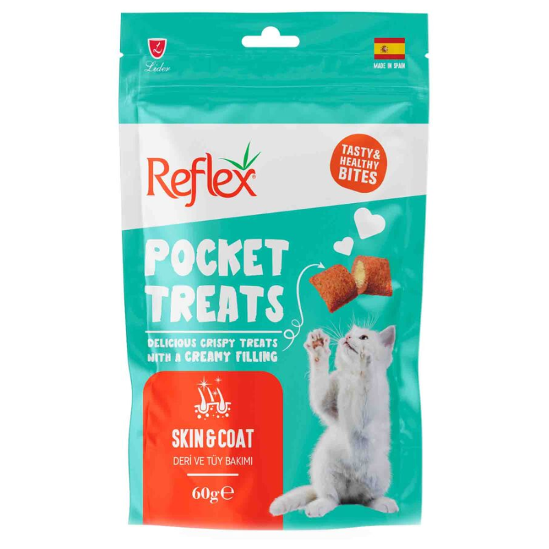 Reflex Pocket Treats Skin and Coat Лакомство для кошек в форме подушечек для кожи и шерсти Упаковка 60гр