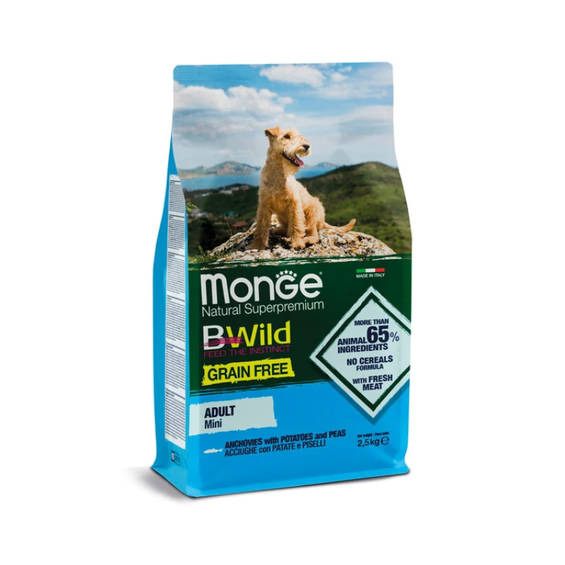 Monge Bwild Dog Grain Free Anchovies Potato Peas Adult Mini Сухой беззерновой корм для взрослых карликовых собак с анчоусами, картофелем и горошком Упаковка 2.5 кг