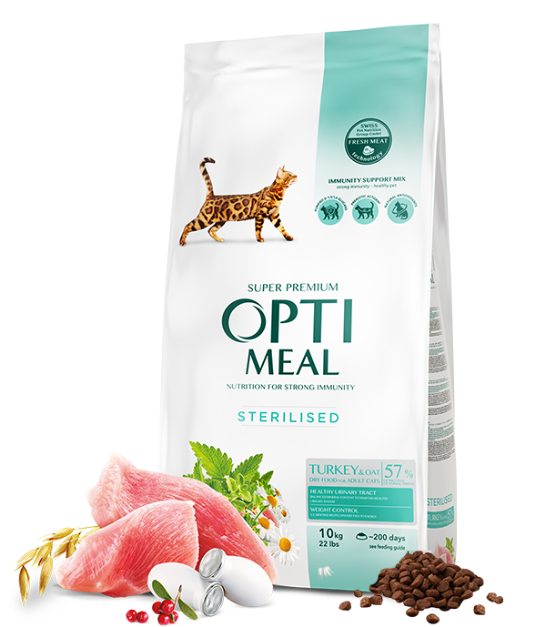 Opti Meal Сухой корм для взрослых кастрированных котов и стерилизованных кошек с индейкой Развес 1кг